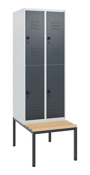 C+P Doppelstöckiger Spind Classic PLUS, 2 Abteile, 1950x600x815mm, 7035/7016, Drehriegel, Buche-Sitzleisten, mit untergebauter Sitzbank, 0803505-20 S10008