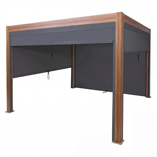 Mendler Pergola HWC-L46 mit Seitenwand, Lamellen-Pavillon Rollo, 10cm-Alu-Gestell, sturmfest 3x4m, Gestell Holzoptik, 120683+120684+120685+2x99263+2x99264