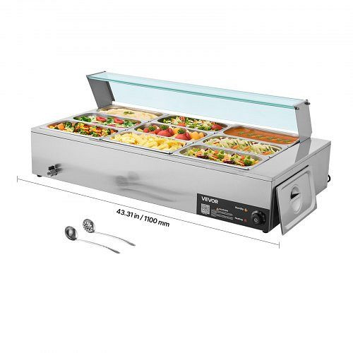 VEVOR Speisenwärmer (9 x 1/3 Behälter), 1,5 kW Edelstahl mit Glasabdeckung & Suppenkelle, Chafing Dishes, SYSPBWQ913FS5WYYO002V2