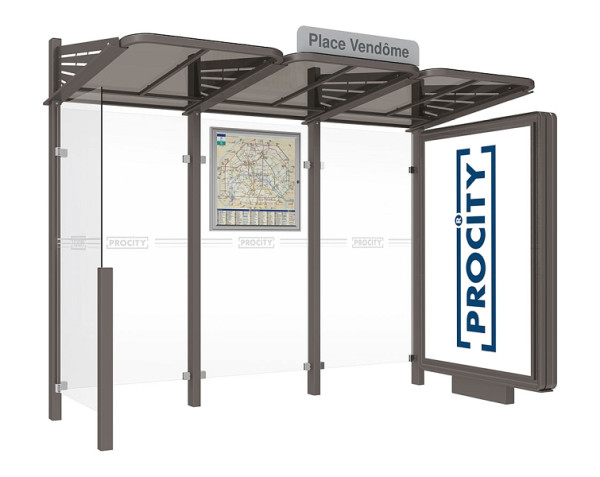 Procity Wartehalle Convi® - Standard - 1 Beleuchteter Caisson Rechts + 1 Seitenverkleidung Links, Farbe Procity grau, 529366.GPRO