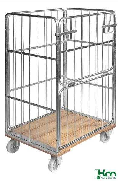 Kongamek Rollcontainer mit Holzboden, 2 Lenk- und 2 Bockrollen mit Bremsen, Maschenweite 90 x 370 mm, KM88B