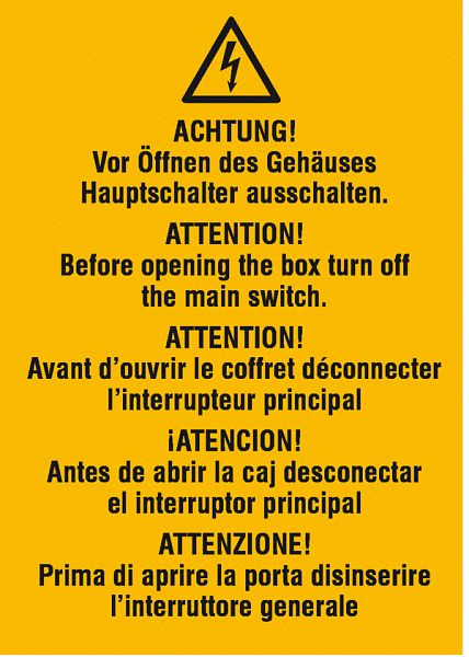 SafetyMarking Warn-Kombischild, Vor Öffnen des Gehäuses Hauptschalter ausschalten, 5-sprachig (D /GB/F/E/I), BxH 7,4x10,5 cm, Folie, selbstklebend, 21.0651