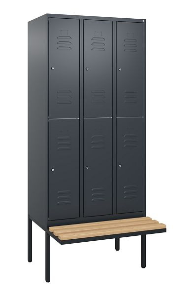 C+P Doppelstöckiger Spind Classic PLUS, 3 Abteile, 2120x900x815mm, 7016/7016, Zylinderschlösser, Buche-Sitzleisten, Sitzfläche, 0803407-30 S10102