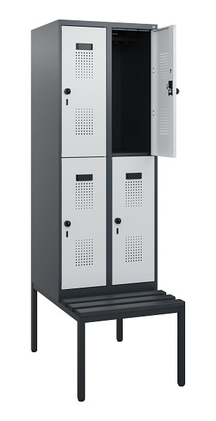 C+P Doppelstöckiger Spind Evolo PLUS, Bank, 4 Fächer, 1950x600x815mm, 7016/7035, Drehriegel, Sitzfläche Kunststoff, Sitzbank, 0493505-20 S10114