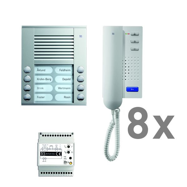 TCS Türkontrollsystem audio:pack AP für 8 Wohneinheiten, mit Außenstation PES 8 Klingeltasten, 8x Türtelefon ISH3030, Steuergerät BVS20, PAAH082/001