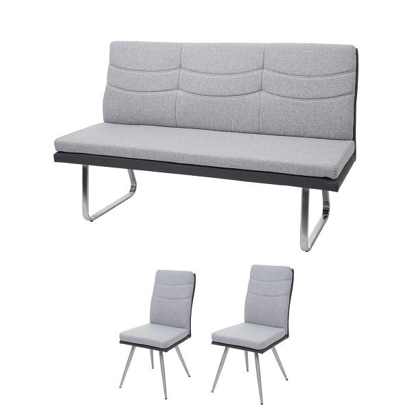 Mendler Set 2x Esszimmerstuhl+Sitzbank HWC-G54, Bank Küchenstuhl Stuhl, Stoff/Kunstleder Edelstahl, grau Bank 180cm, 73575+73576+71705