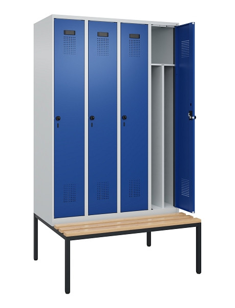 C+P Spind Evolo PLUS, 4 Abteile, 2120x1200x815mm, 7035/5010, Haken 4, Drehriegel, Sitzfläche Buche-Hartholz, Sitzbank, 0490507-40F S10006