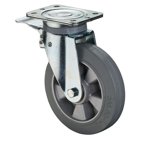 BS Rollen Schwerlastrolle mit Feststeller, Breite 50 mm, Ø200 mm, bis 450 kg, Elastik-Reifen grau, Radkörper Aluminium, Kugellager, N120.B83.200