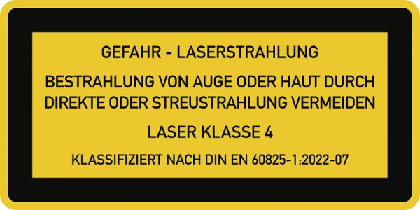 Moedel LASER KLASSE 4 DIN 60825-1, Textschild, Folie, 52x26 mm, VE: 10 Stück/Bogen, 59716