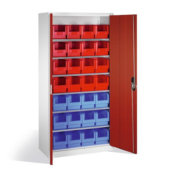 C+P Magazinschrank Serie 13, H1980xB1000xT420mm, Farbe: Lichtgrau / Rubinrot, Muldengriff, 133144-22 S10027