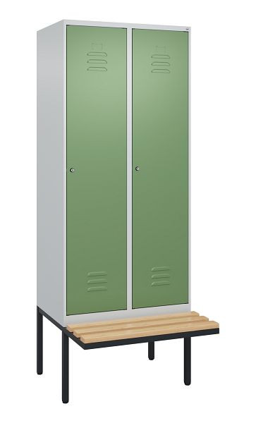 C+P Umkleidespind Classic PLUS, 2 Abteile, 2120x800x815mm, 7035/6011, Zylinderschlösser, Buche-Sitzleisten, 0800407-22 S10050