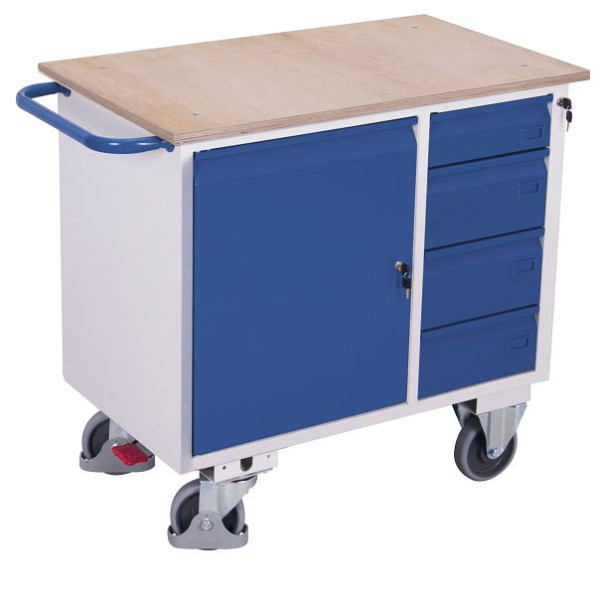 VARIOfit Werkstattwagen mit 4 Schubladen, Außenmaße: 1.110 x 600 x 960 mm, RAL 5010 enzianblau, sw-985.000
