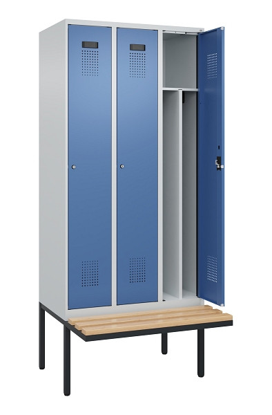 C+P Spind Evolo PLUS, 3 Abteile, 2120x900x815mm, 7035/5023, Haken 4, Zylinderschloss, Sitzfläche Holz, 0490407-30F S10035