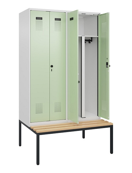 C+P PSA Doppel-Spind Evolo PLUS, Bank, 4 Abteile, 2120x1200x815mm, 9016/6019, Drehriegel, Sitzfläche Buche-Hartholz, Sitzbank, 0490527-40P S10019