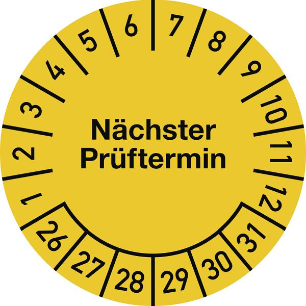 Moedel Prüfplakette Nächster Prüftermin 2026-2031, Folie, gelb, Ø 25 mm, VE: 500 Stück/Rolle, 107066