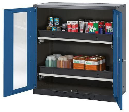 asecos Chemikalienschrank Systema-T CS-102G, Korpus anthrazit, Flügeltüren blau, 2 Tablarauszüge, 208703