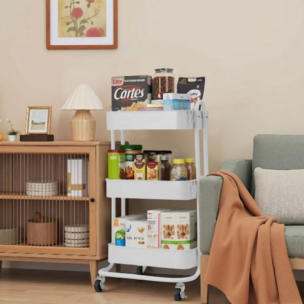 HOME NATURE WOHNKONZEPT Küchenrollwagen mit 3 Ebenen Weiß, platzsparender Rollwagen für Küche, Bad und Haushalt, 80x40x44cm, HN0171