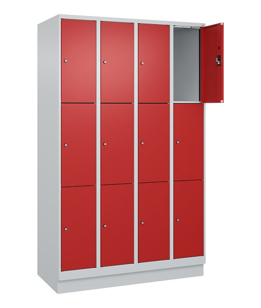 C+P Schließfachschrank Evolo PLUS, mit Sockel, 12 Fächer, 1950x1200x500mm, 7035/3000 feuerrot, Abteile 4, Abteilbreite 300 mm, 049020-403 S10003