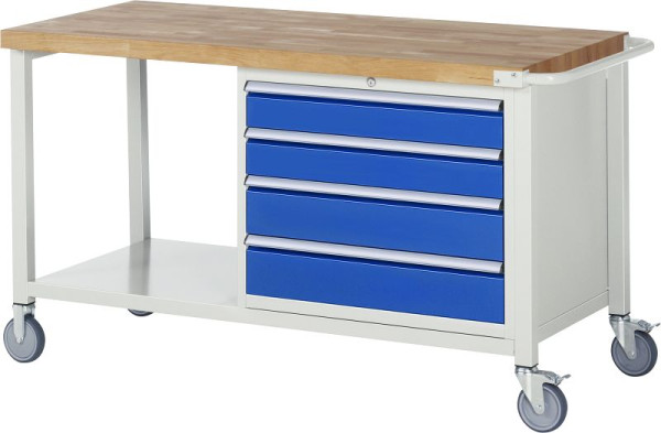 RAU Fahrbare Werkbank 8000 - Modell 8262, B1500 x T700 x H880-1080 mm, Unterbau-Container rechts, 4x Schubladen: 2xH120, 2xH150 mm, 05-8262A6-157B4H.11