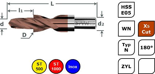SPPW Kurzstufenbohrer HSS-E05+X5Cut 180° L: 100x19 Ø9,0x15,0 - M8, 1234170800
