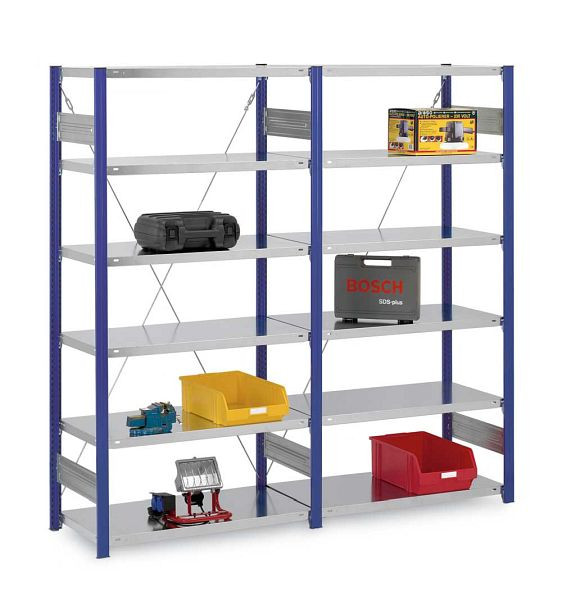hofe Fachboden-Grundregal, 2500x600x1000 mm, 6 Fachebenen, verzinkt / RAL 5010, 330 kg Fachlast, 2500 kg Feldlast, einseitige Bedienung, HEG256010XS