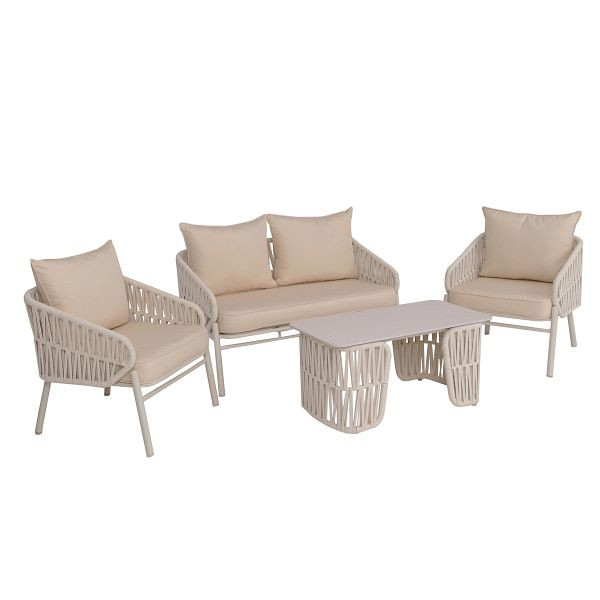 Mendler Gartengarnitur HWC-P90, Lounge-Set Gartenlounge Sofa Sessel Tisch, Seilgeflecht Rope Stoff/Textil (180g/m²), creme, 2x120216+120220+120224