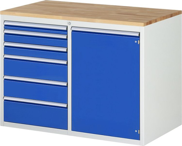 RAU Schubladenschrank Serie 7000, B1145xT650xH825mm, li: Schubladen H60 2xH90 2xH150 H180mm, re: Flügeltür, Buche-Massiv-Arbeitsplatte, 03-LL5.24.12A-B.11