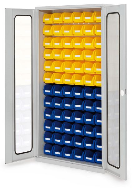 Kappes RasterPlan- Schlitzplattenschrank, H1950 x B 1000 x T 410 mm RAL 7035, Modell 53, Sichtfenstertüren bestückt mit Lagersichtkästen, 1353.03.5013