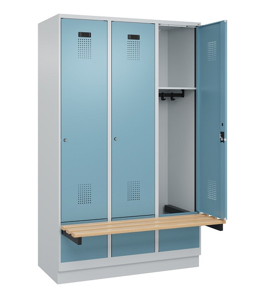 C+P Spind Evolo PLUS, 3 Abteile, 1950x1200x815mm, 7035/0010, Zylinderschloss, Sitzfläche Holz, mit Sockel, 049040-32 S10036