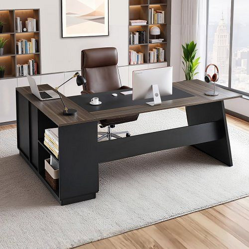 VEVOR L-förmiger Chefschreibtisch mit Schubladen & Lagerschrank, Holz, 158,7 kg Tragkraft, Computertisch, Braun+Schwarz, XZBGZYTSLXXZPEOTC001V0