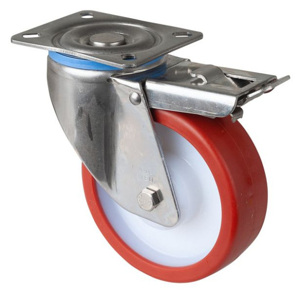 BS Rollen Edelstahl-Schwerlastrolle Lenkrolle, Edelstahl, mit Feststeller, Gleitlager Polyurethanrad rot, Anschraubplatte 125 mm, 300 kg, HS120.B27.125
