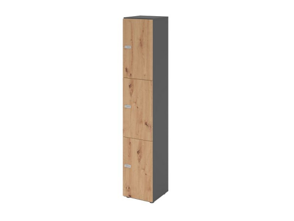 Hammerbacher Schließfachschrank schmal 6OH, 3 Türen, Korpus: Graphit, Türen: Asteiche, 40 x 40 x 215,6 cm (BxTxH), Zahlenschloss, V264L3/G/R/ZS
