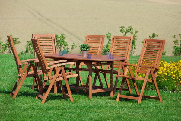Merxx Cordoba Set 7-teilig, 6 Cordoba Klappsessel, Rückenlehne 5-fach verstellbar, 1 Ausziehtisch, oval, 120 (170) x 100 cm, FSC Eukalyptusholz, 50052-011