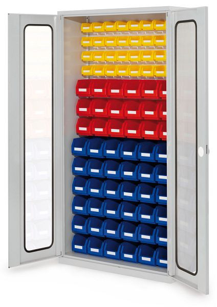 Kappes RasterPlan- Schlitzplattenschrank, H1950 x B 1000 x T 410 mm RAL 7035, Modell 55, Sichtfenstertüren bestückt mit Lagersichtkästen, 1353.06.5013