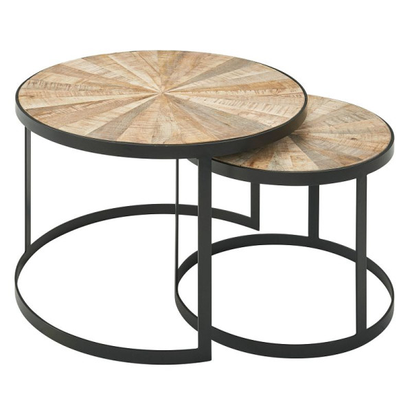 Wohnling Design Couchtisch 2er Set Mango Massivholz Rund, mit Metallbeine Braun, WL6.346