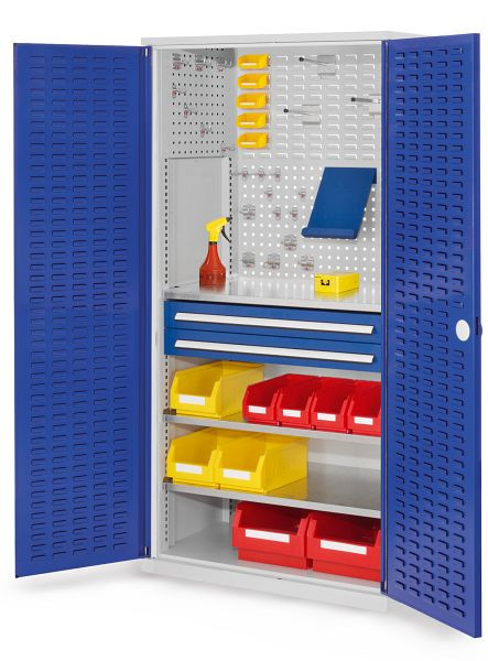 Kappes RasterPlan Schubladenschrank, Modell 21, RAL 7035/5010, Türinnenseite: Schlitzplatten, 1950 x 1000 x 600 mm, 2 Schubladen H 100 mm, 1460.01.4016