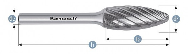 Karnasch Hartmetall-Frässtift unbeschichtet Flamme/HP-9 d1= 12 / l2= 32 / d2= 6 / l1= 77mm, 114038025