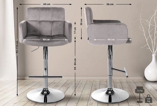 CLP Barhocker Los Angeles Samt chrom, grau, VE: 2 Stück, 327357
