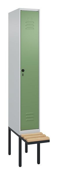 C+P Umkleidespind Classic PLUS, 2120x300x815mm, 7035/6011, Drehriegel, Buche-Sitzleisten, 3 Doppel-Haken, 0800407-10 S10006