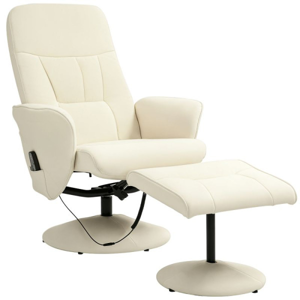 HOMCOM Massagesessel mit Fußhocker, Ergonomischer Stuhl mit 10 Vibrationspunkten, Kunstleder, 76 x 81 x 105 cm, Cremeweiß, 700-113V91CW