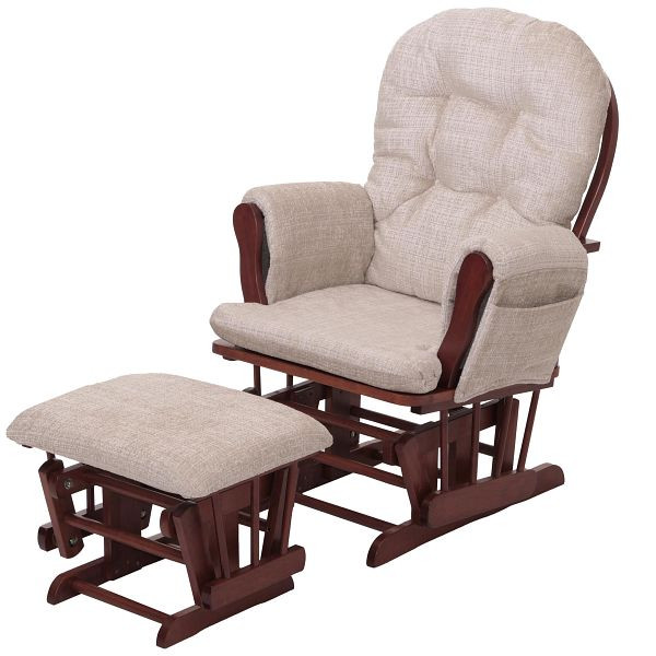 Mendler Relaxsessel HWC-C76, Schaukelstuhl Schwingstuhl mit Hocker Stoff Chenille (465g/m²) Öko-Tex, creme, Gestell dunkel, 109009