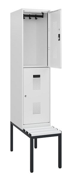 C+P Doppelstöckiger Spind Evolo PLUS, Bank, 2 Fächer, 1950x400x815mm, 9016/9016, Zylinderschloss, Sitzfläche Kunststoff, Sitzbank, 0493505-12 S10155