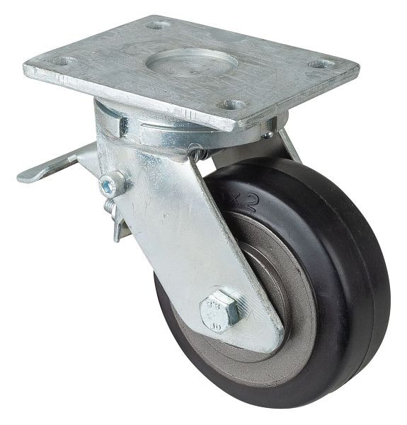 BS Rollen Schwerlastrolle mit Rad-/Feststeller, Breite 50 mm, Ø125 mm, bis 275 kg, Elastik-Reifen schwarz, Radkörper Guss, Kugellager, RR120.B81.125
