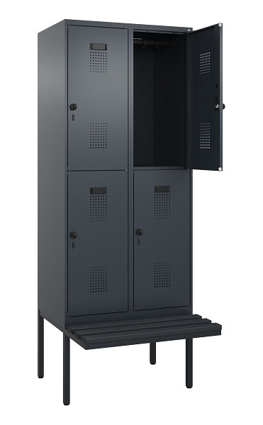 C+P Doppelstock-Spind Evolo PLUS, Bank, 4 Fächer, 2120x800x815mm, 7016/7016, Drehriegel, Sitzfläche Kunststoff, 0493407-22 S10097