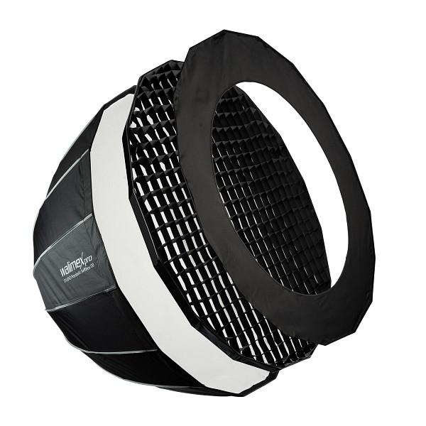 Walimex pro Studio Parabolic Softbox 120cm, um 360° drehbar, einfacher Aufbau dank Schirmfunktion, inkl. Grid, Maske, 1023440