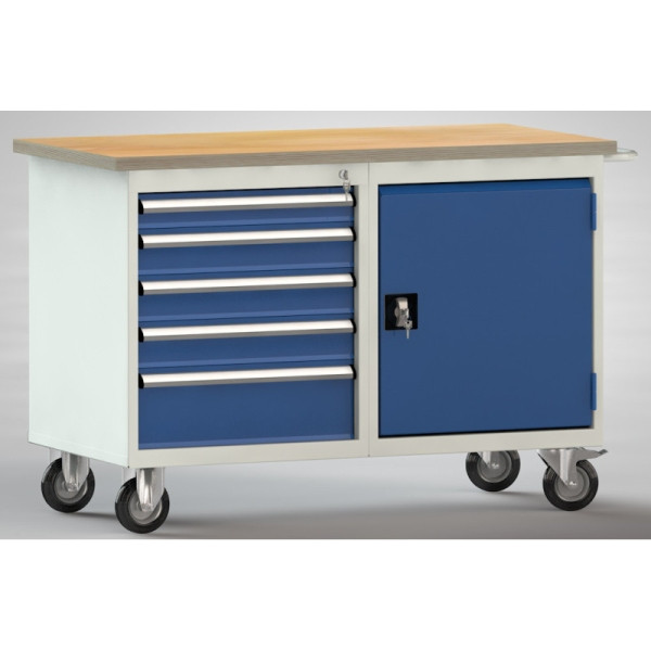 KLW Fahrbahre Profi-Werkbank 1200x700x840 mm, Buchen-Multiplexplatte 30mm (Tür, 5 Schubladen), WP834N-1200M30-E7025
