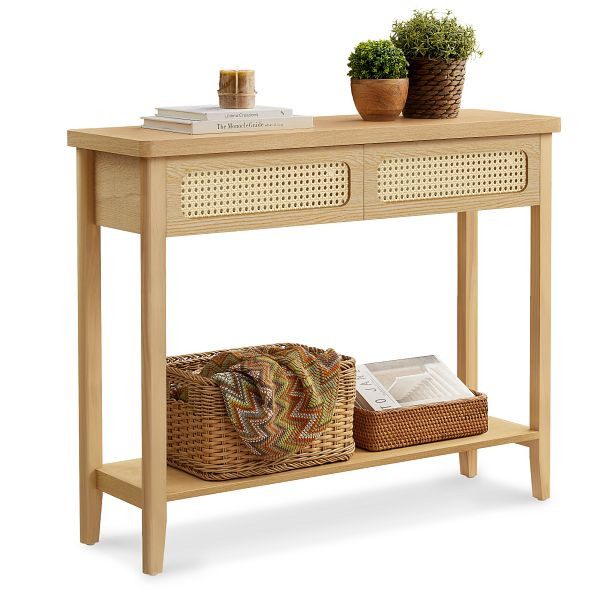 VASAGLE Konsolentisch für den Flur, schlanker Sofatisch, Flurtisch mit 2 Schubladen, offenes Regal, abgerundete Ecken, Boho-Stil, Eichenbeige, LNT016Y57