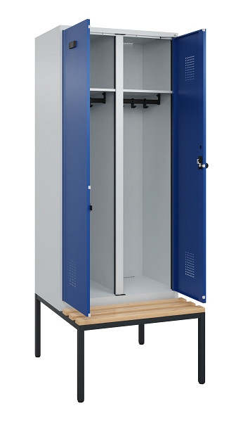 C+P Schwarz-Weiß-Spind Evolo PLUS, Bank, 2 Abteile, 2120x800x815mm, 7035/5010, Drehriegel, Sitzfläche Buche-Hartholz, Sitzbank, 0490527-22 S10006