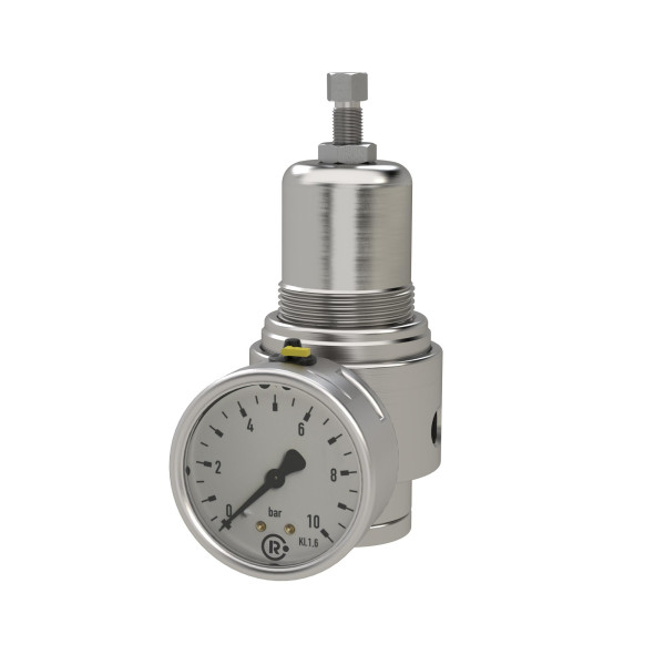 Riegler Edelstahl-Druckregler, 1.4404, mit Sekundärentlüftung (rücksteuerbar), inklusive Manometer, G 1/4, Regelbereich 0,5 - 8 bar, PE max. 30 bar, 101191
