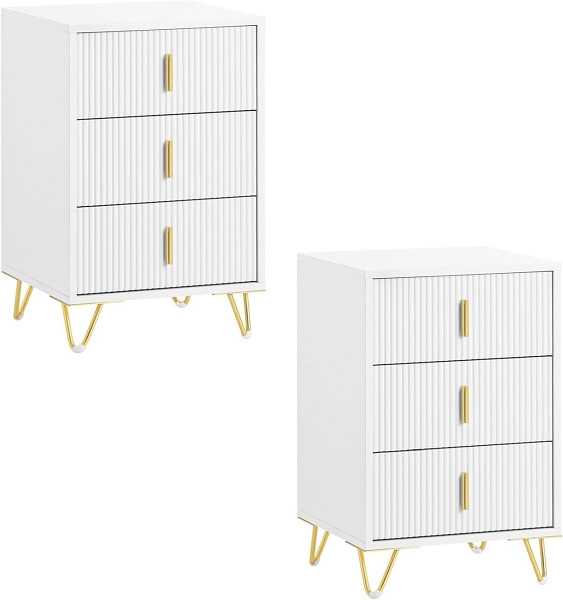 SoBuy Set von 2 Nachttischen mit 3 Schubladen Weiß 40x36x63 cm, Modern, VE: 2 Stück, FBT115-L-Wx2